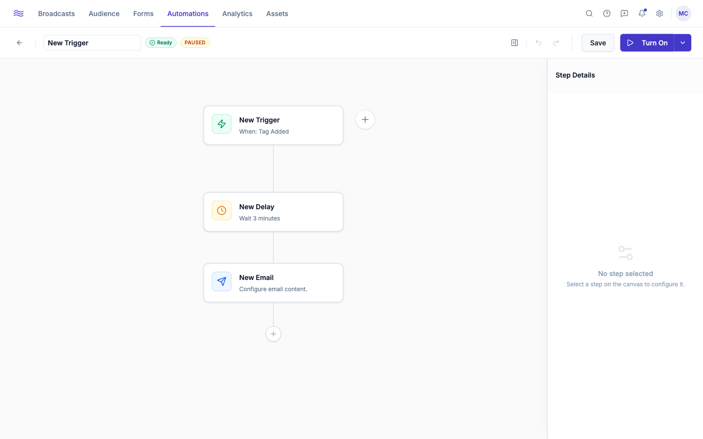 Automation canvas — trigger, email, delay, and condition nodes connected