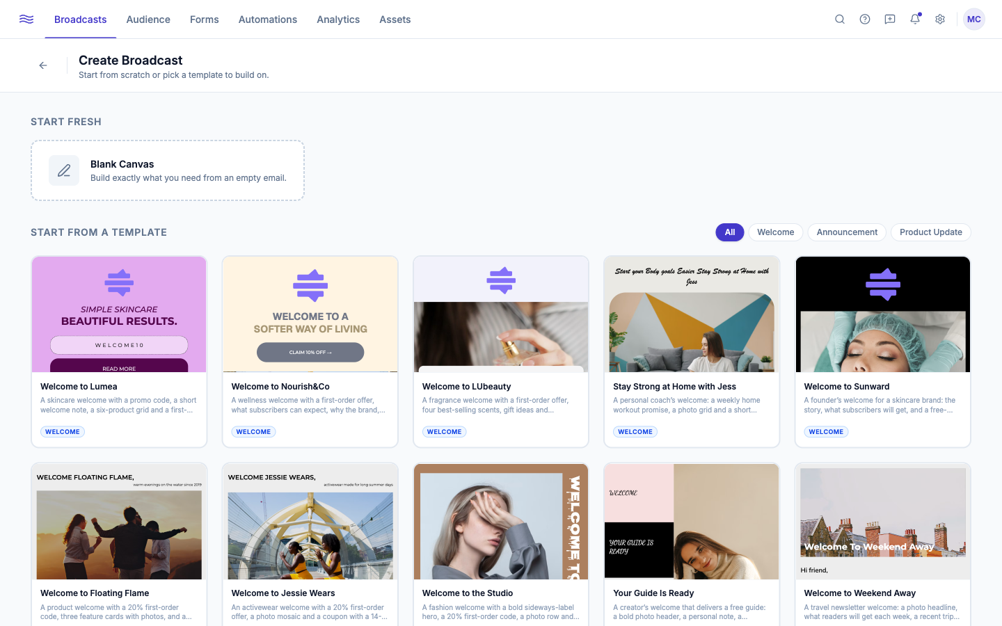Templates tab — gallery with category filters