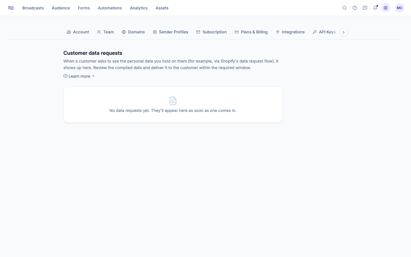 Settings → Data Requests — pending and fulfilled