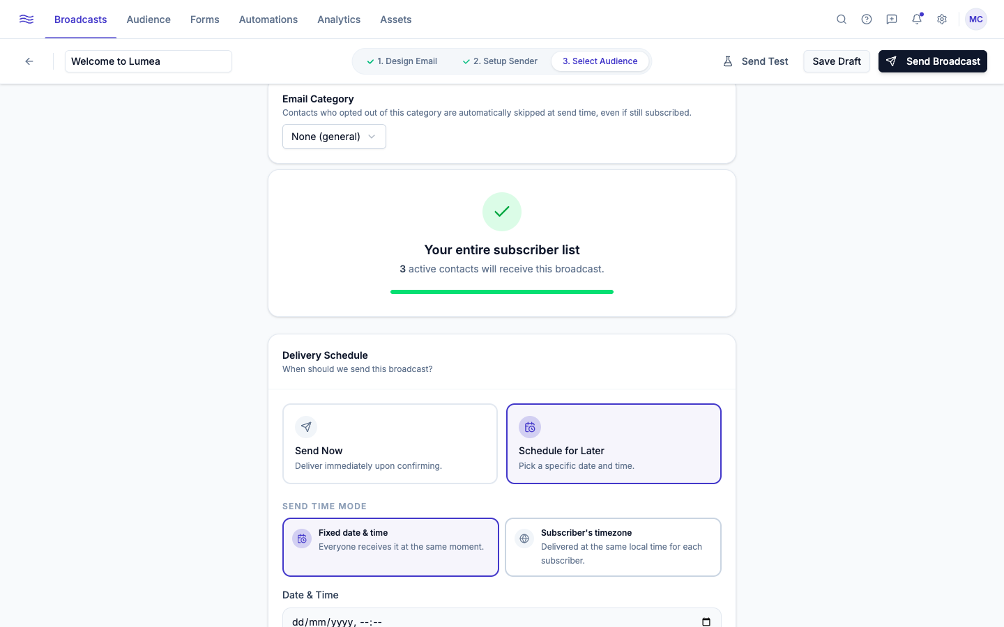 Delivery Schedule panel — Send Now vs Schedule for Later