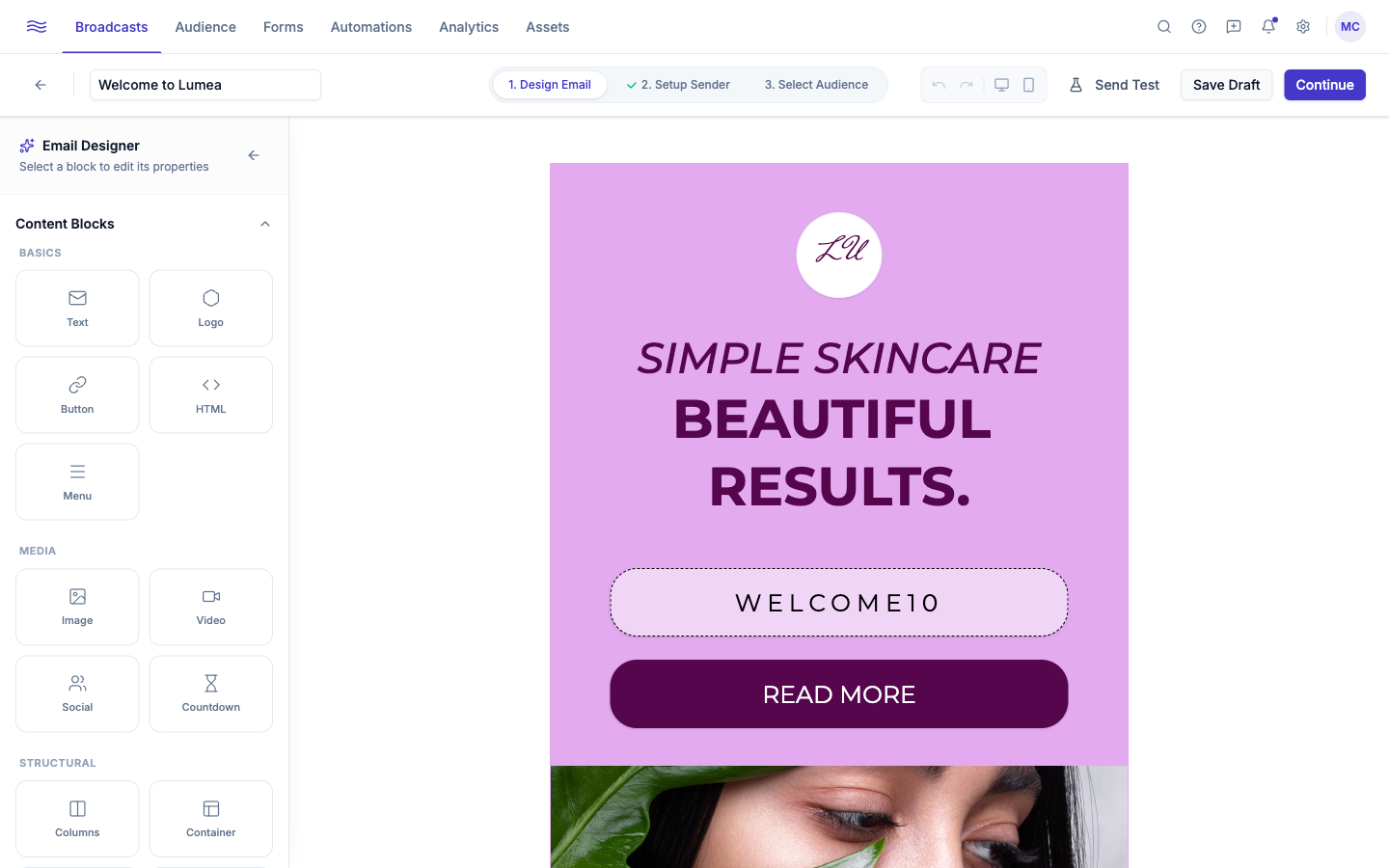 Email canvas — block palette on the left, live preview center