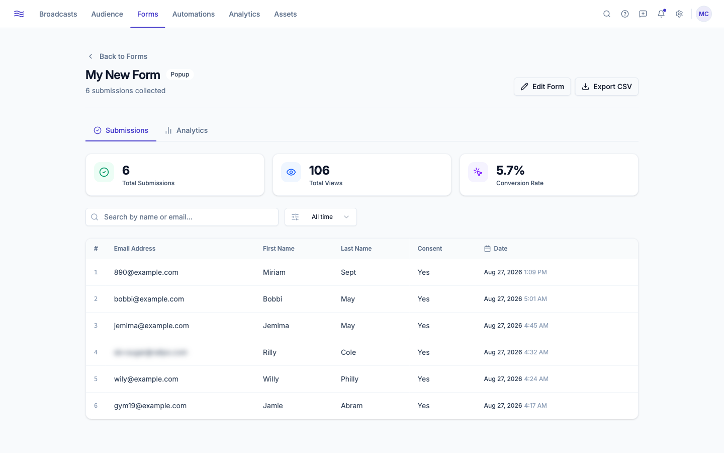 Form submissions — table with search and date filter