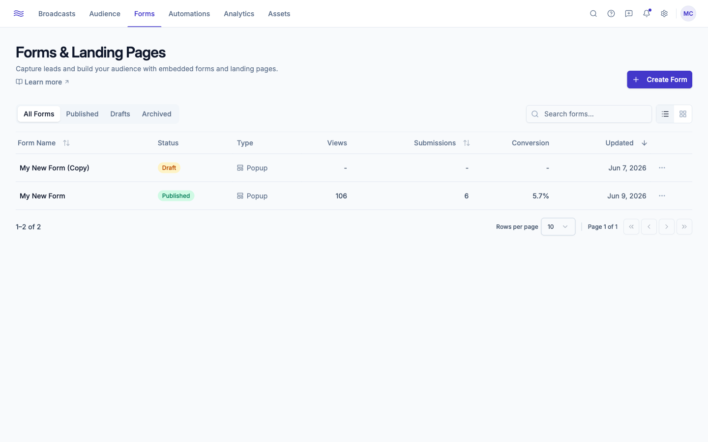Forms list — status and type columns