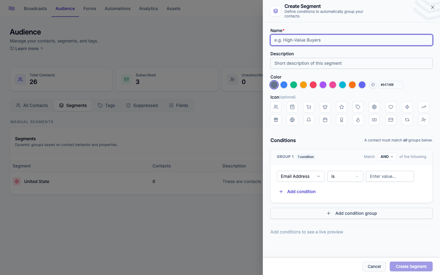 Segment builder — condition groups with AND/OR logic