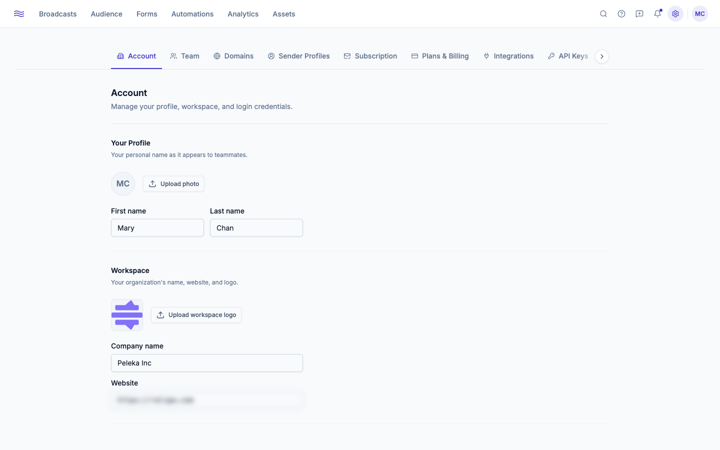 Settings → Account — profile, workspace, and security sections