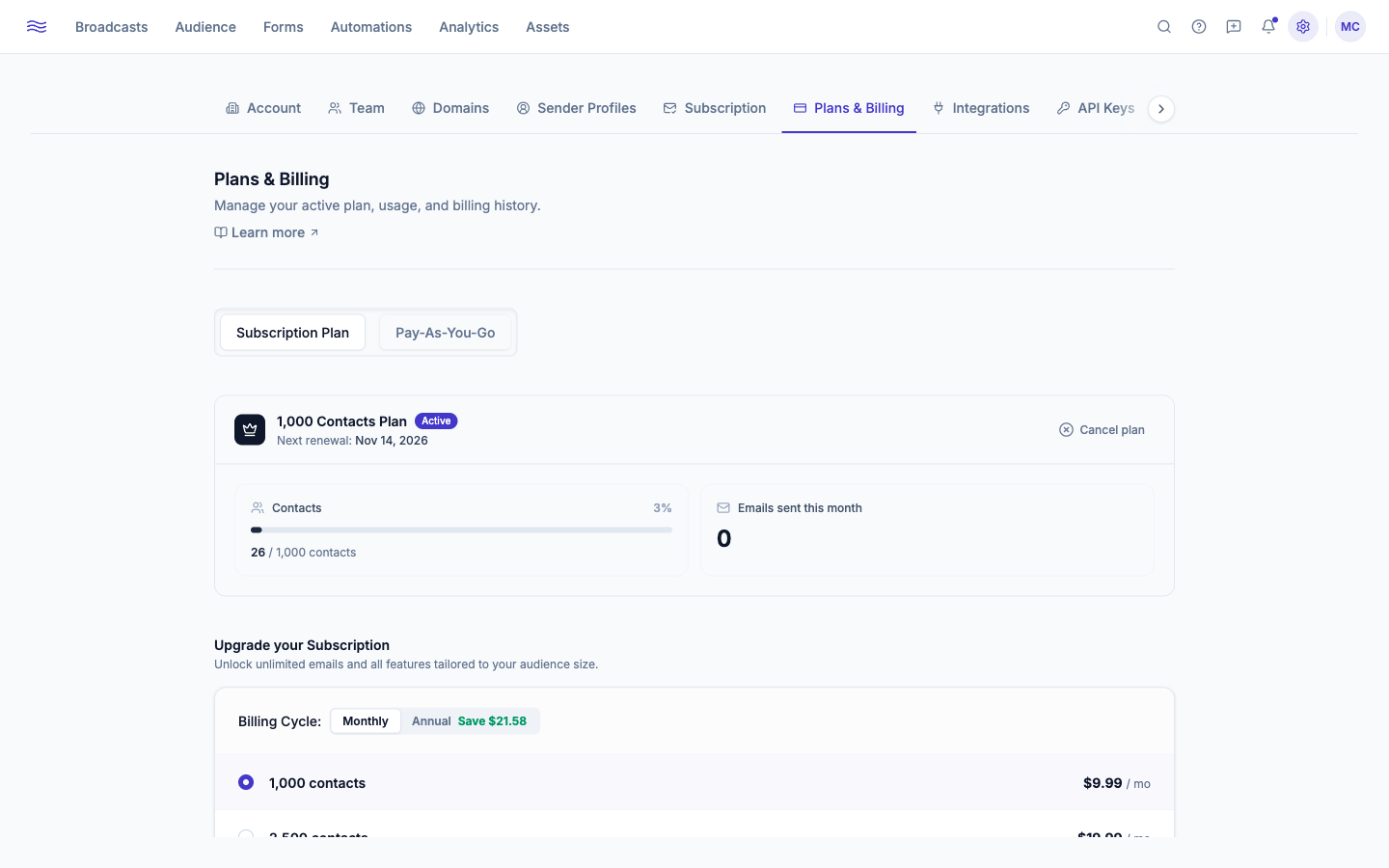 Settings → Billing — usage summary and plan tiers