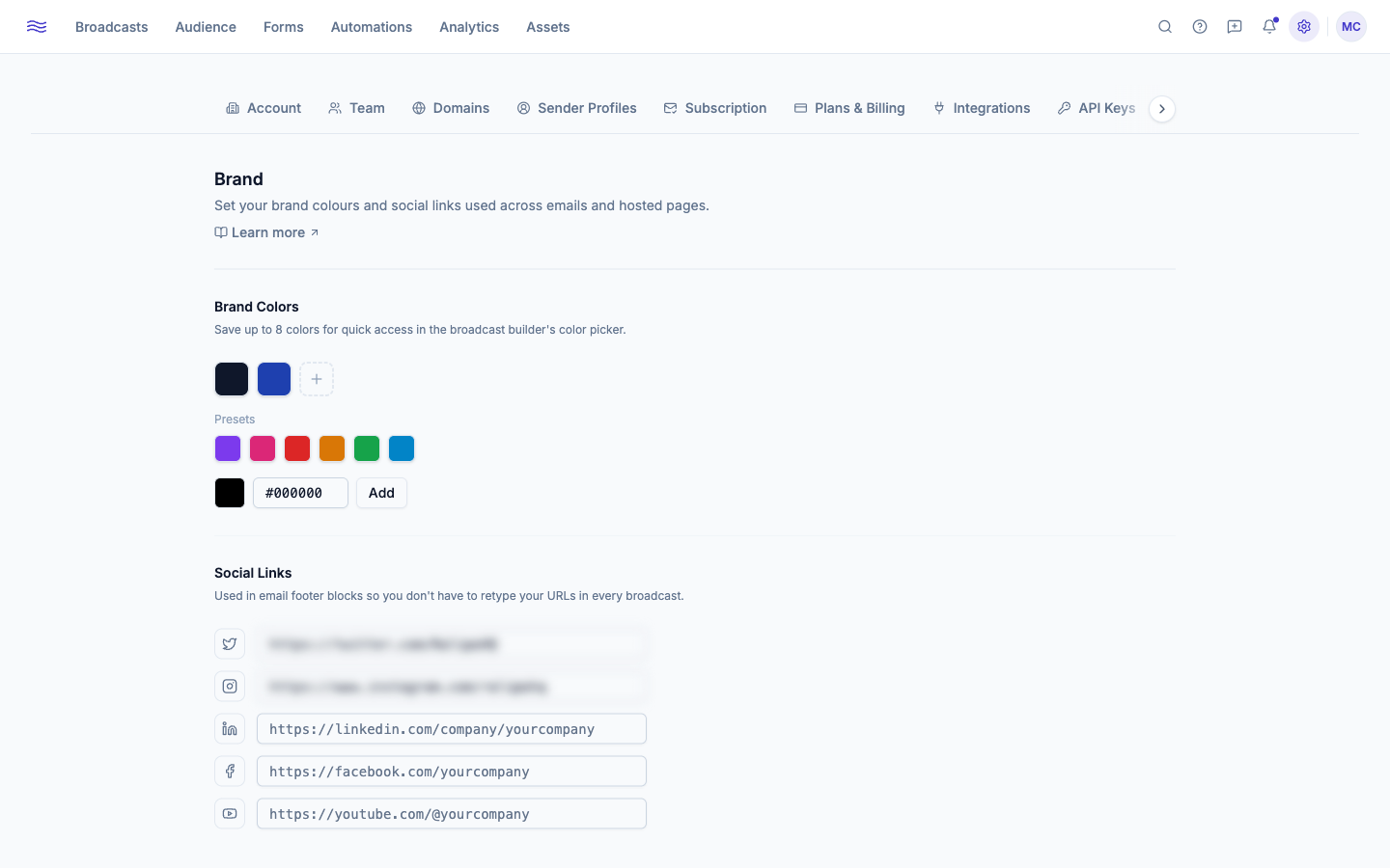 Settings → Brand — color swatches and social links