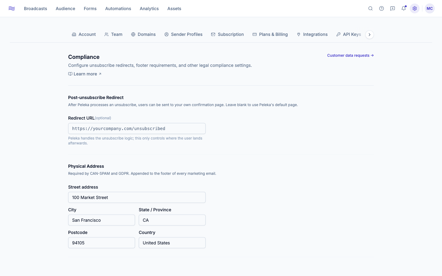 Settings → Compliance — physical address and data retention