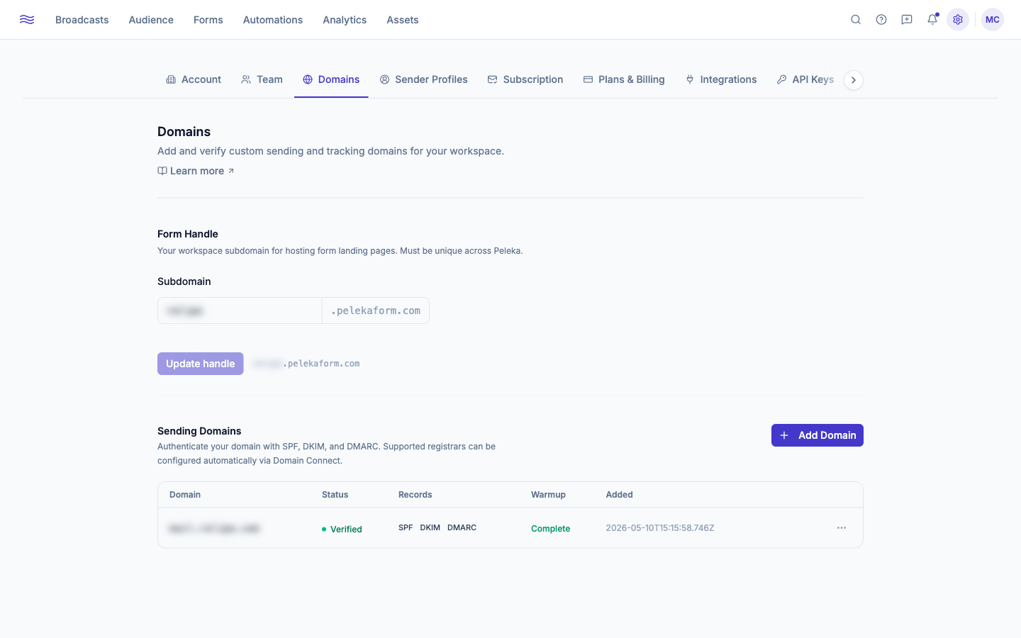 Settings → Domains — sending domains table with status