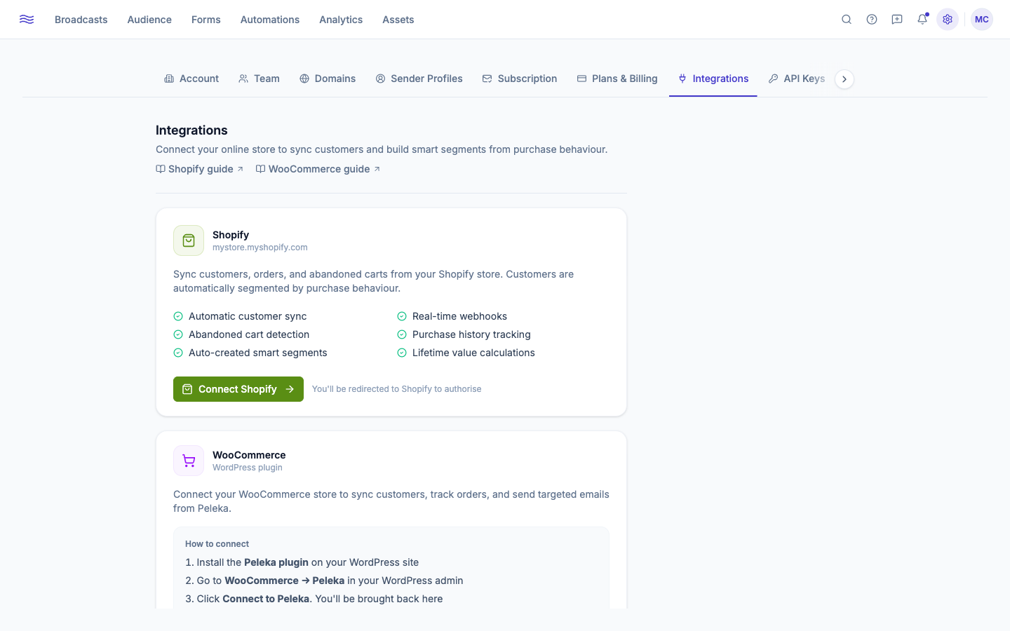 Settings → Integrations — Shopify and WooCommerce cards