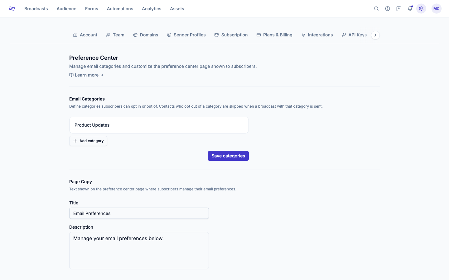 Settings → Preference Center — email categories list