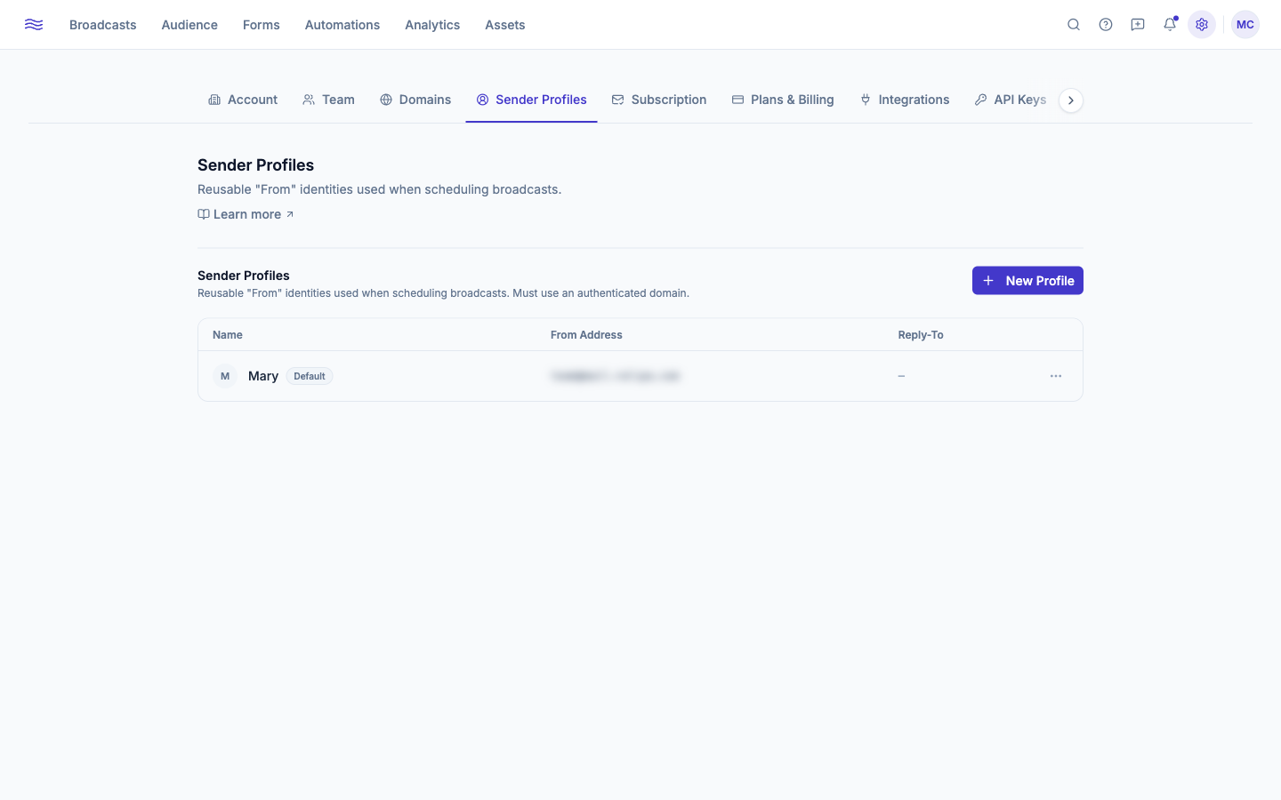 Settings → Sender Profiles — table with default badge